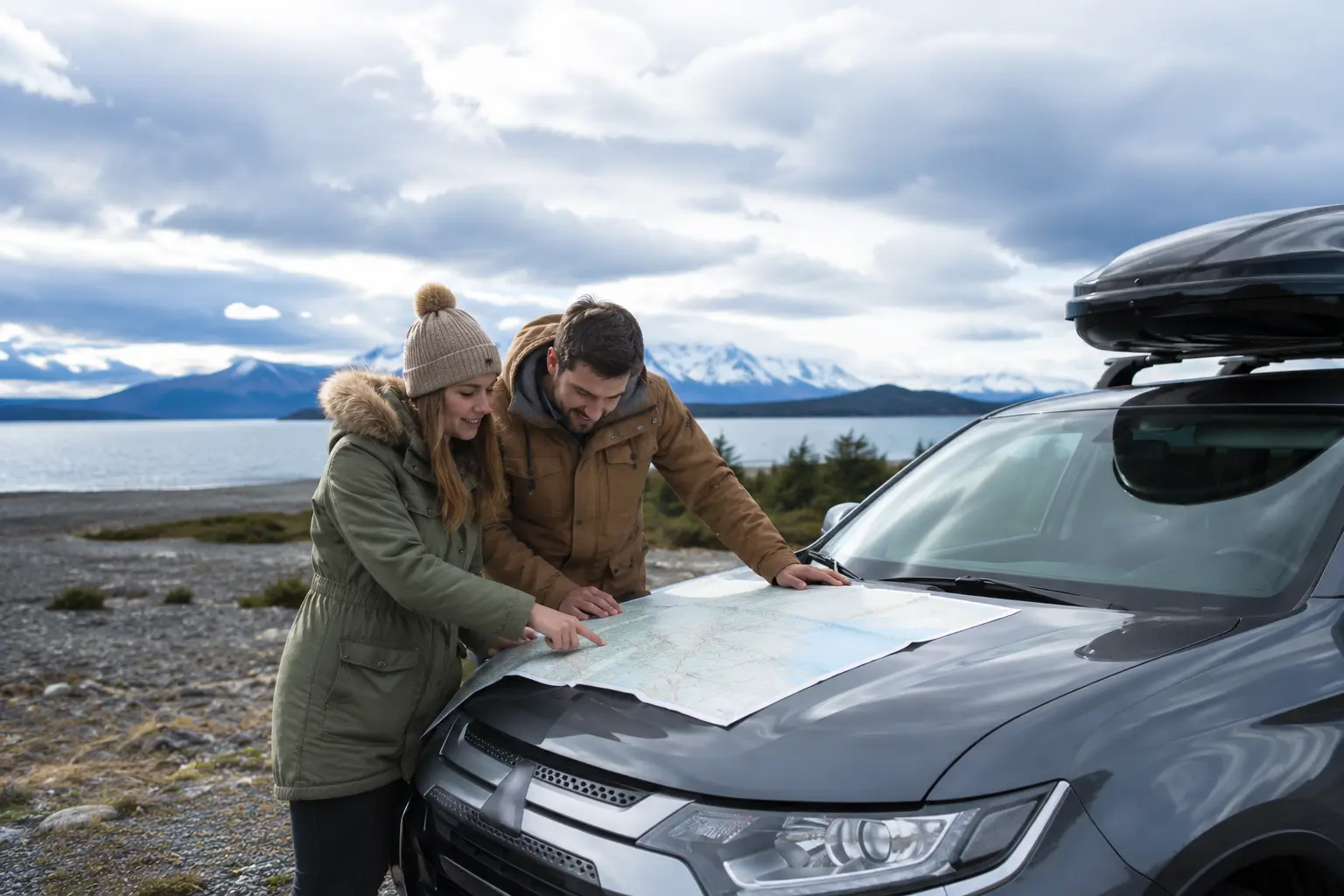 Pareja revisando un mapa junto a su vehículo antes de salir de viaje