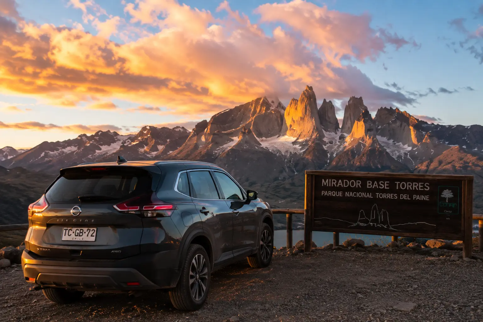 SUV estacionada frente al Mirador Base Torres al atardecer